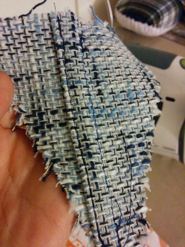 The completed test seam, a little uneven, but good for my first try and even without pins!